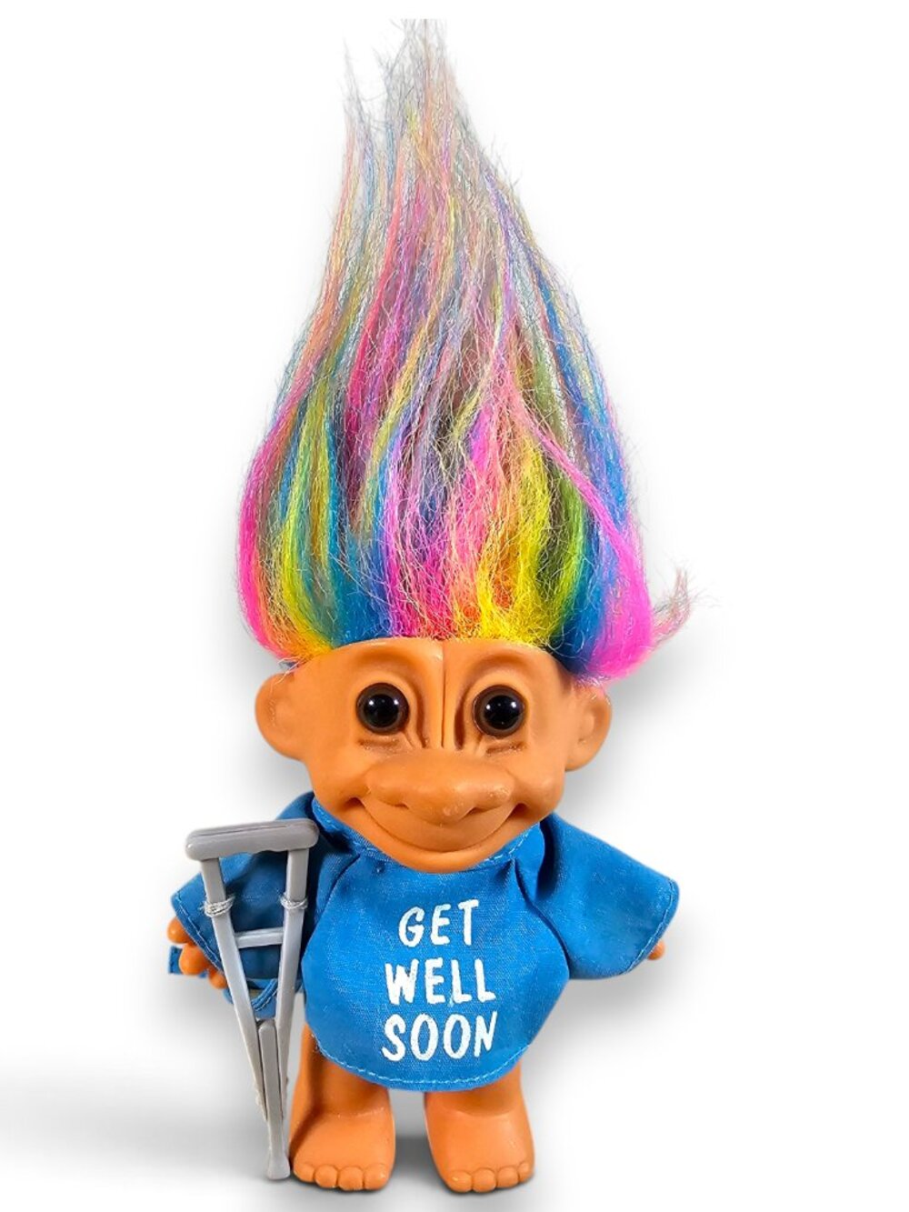 Russ Get Well Soon Troll Doll Rainbow Hair Blue Hospital Gown Top Crutch VTG 4"